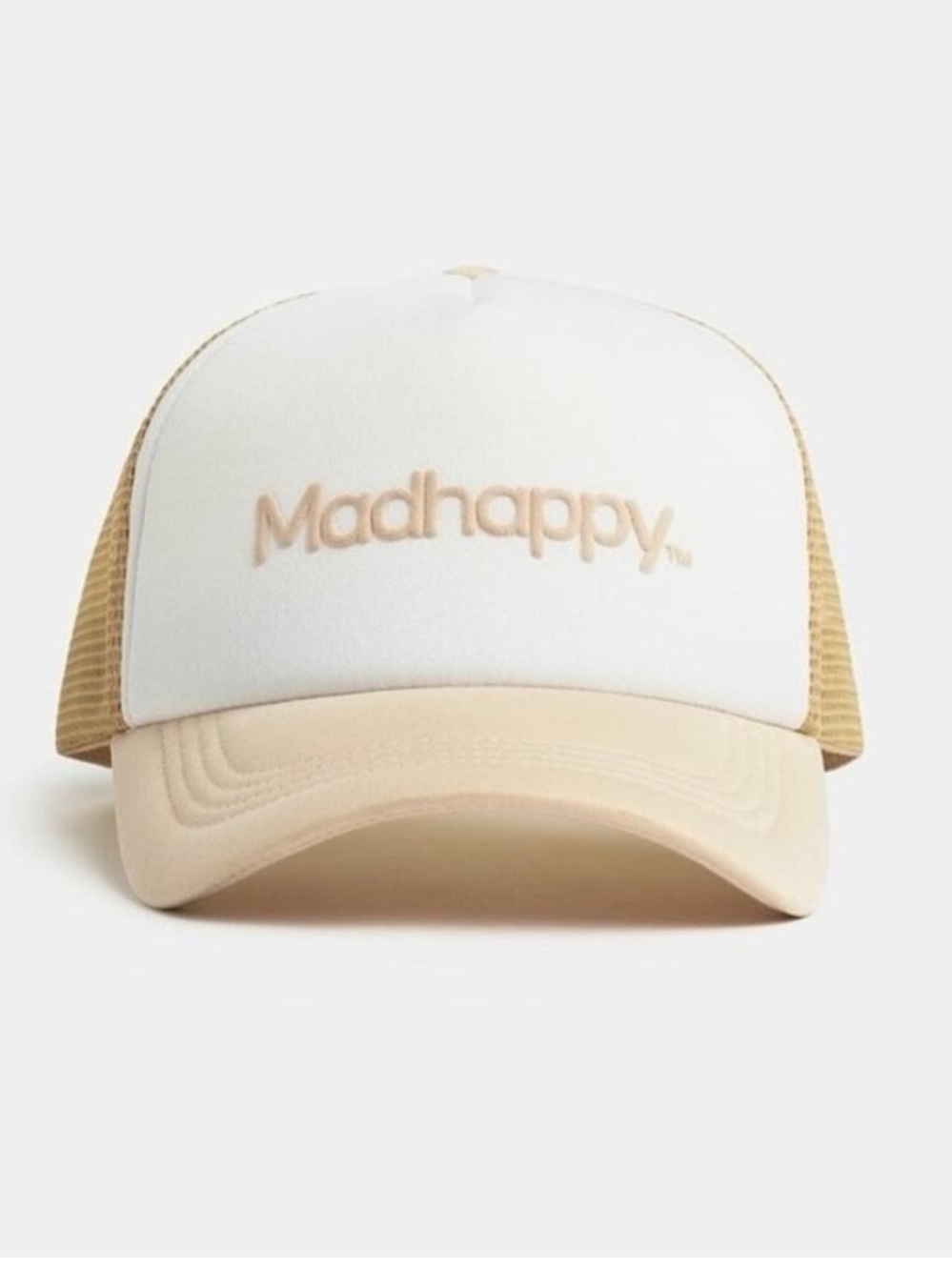 MadHappy Classics Foam Trucker Hat Light Tan Beige White Logo